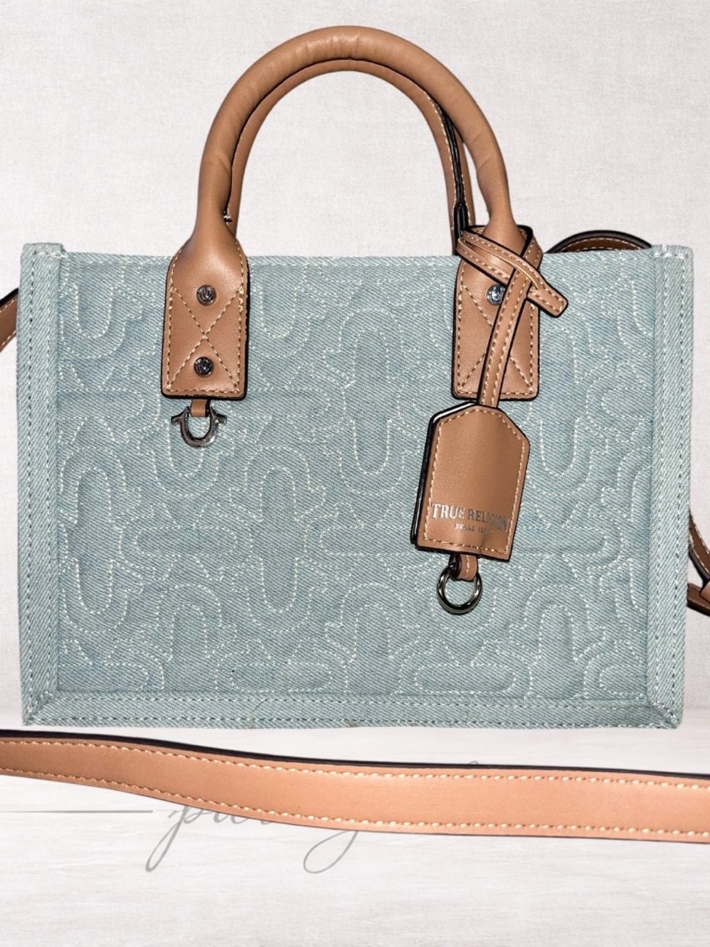 True Religion Denim Tote with Tan Leather Trim